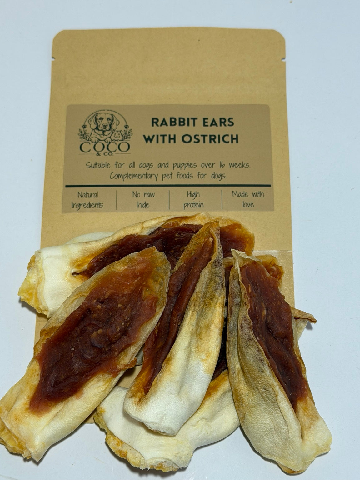 Coco & Co. Rabbit Ears with Ostrich dog treats